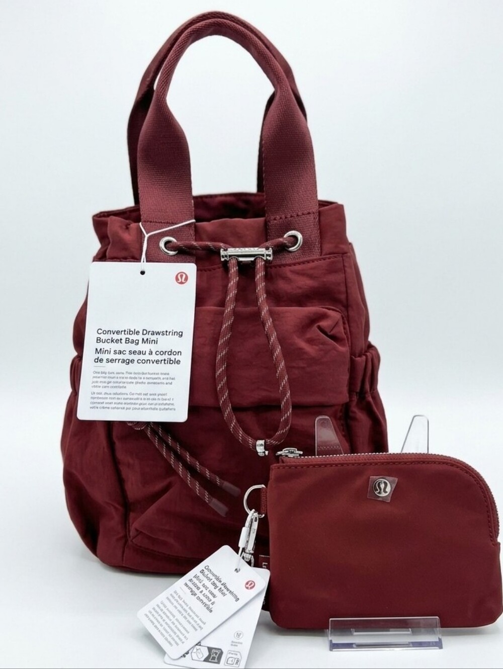 Lululemon SET Convertible Drawstring Bag Cranberry  Burgandy 5L + Card Wallet